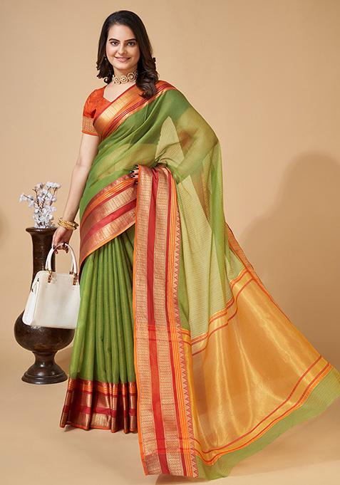 Off Green Woven Kota Doriya Soft Silk Saree Set