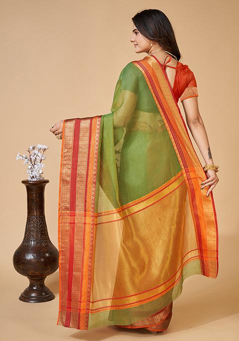 Off Green Woven Kota Doriya Soft Silk Saree Set
