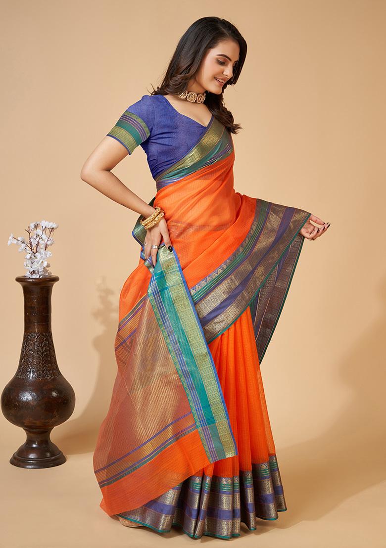 Orange Woven Kota Doriya Soft Silk Saree Set