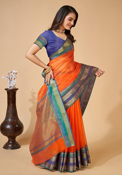 Orange Woven Kota Doriya Soft Silk Saree Set