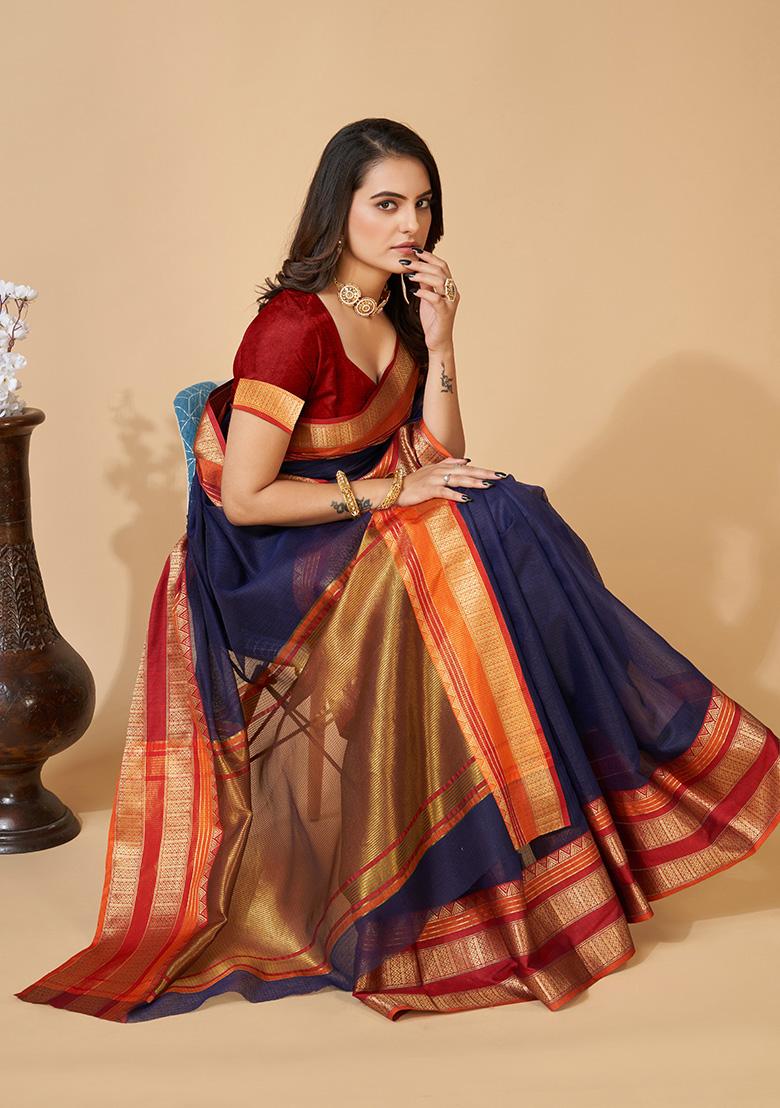 Blue Woven Kota Doriya Soft Silk Saree Set