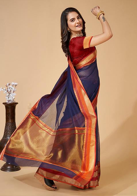 Blue Woven Kota Doriya Soft Silk Saree Set