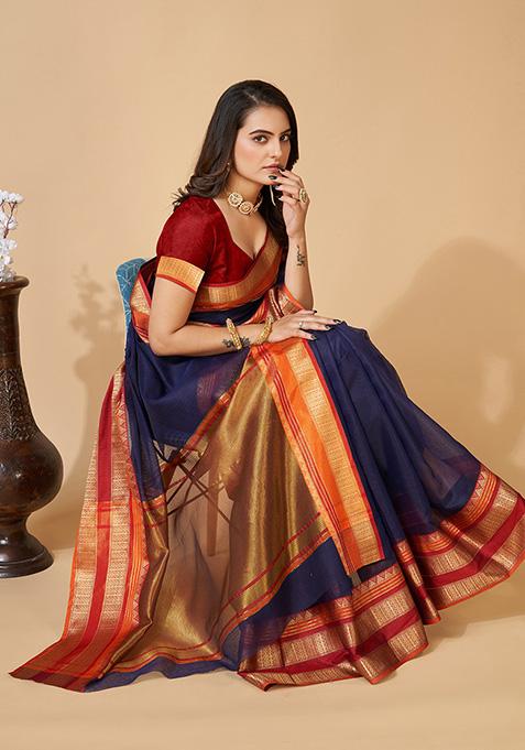 Blue Woven Kota Doriya Soft Silk Saree Set