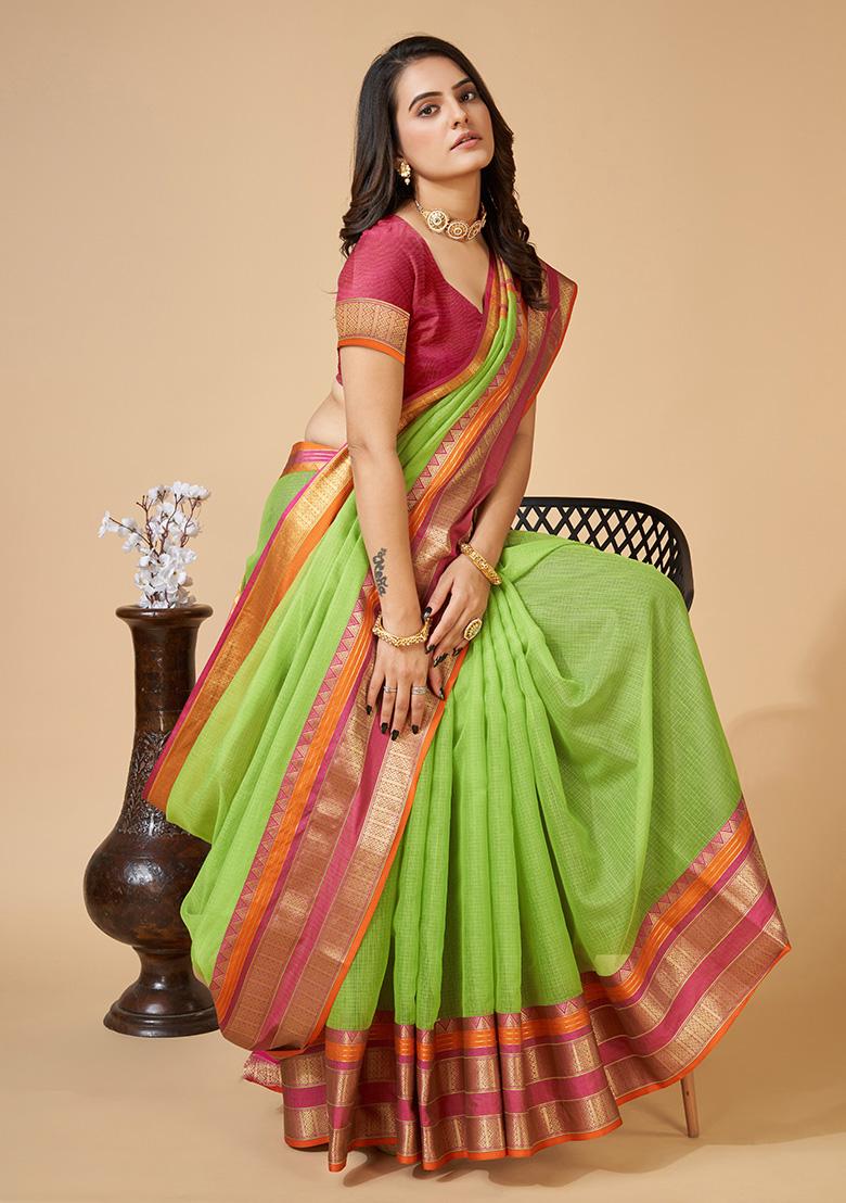 Off Green Woven Kota Doriya Soft Silk Saree Set