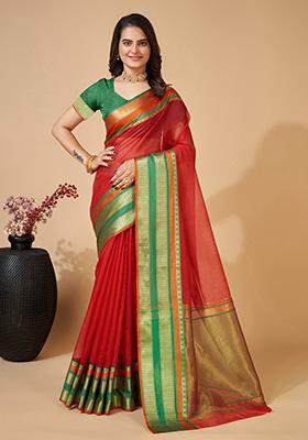 Red Woven Kota Doriya Soft Silk Saree Set