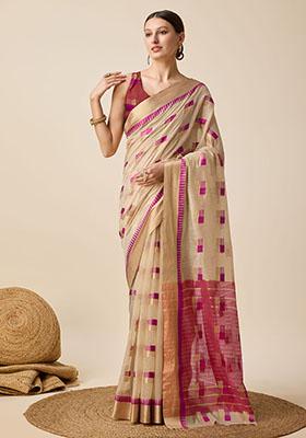 Cream And Pink Woven Cotton Soft Silk Saree Set