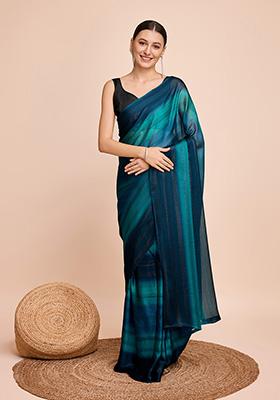 Multicolor Striped Print Chiffon Silk Saree Set