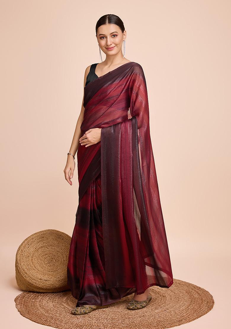 Multicolor Striped Print Chiffon Silk Saree Set