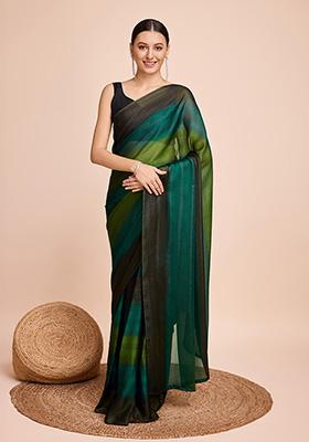 Multicolor Striped Print Chiffon Silk Saree Set