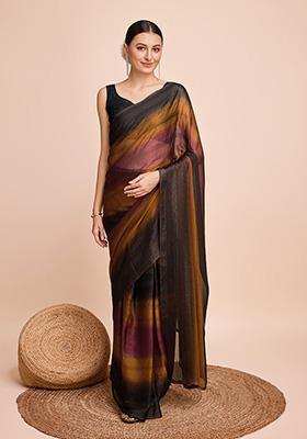 Multicolor Striped Print Chiffon Silk Saree Set