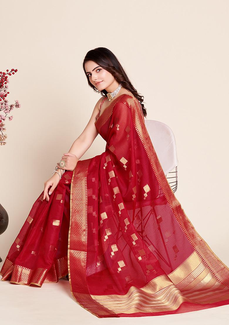 Red Woven Kota Doriya Soft Silk Saree Set