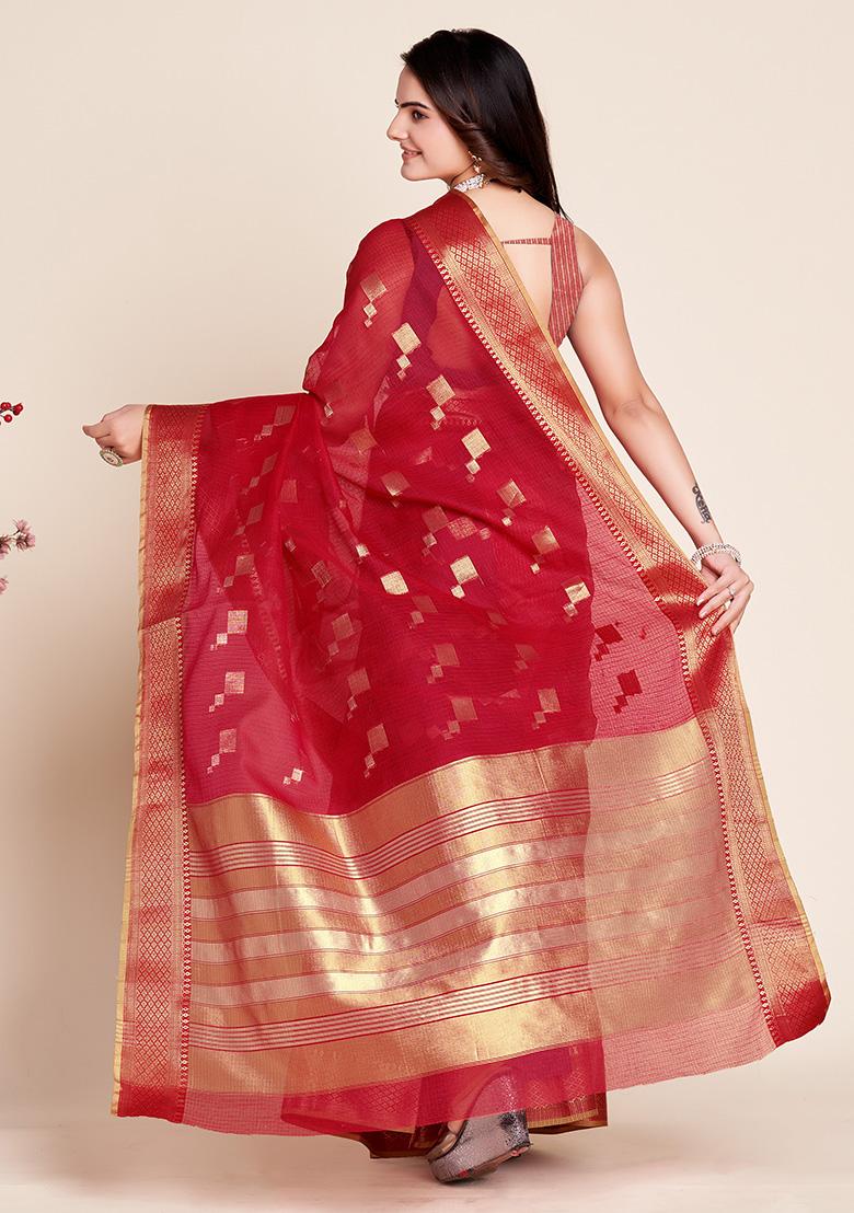 Red Woven Kota Doriya Soft Silk Saree Set