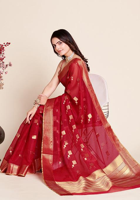 Red Woven Kota Doriya Soft Silk Saree Set