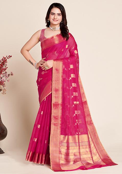 Pink Woven Kota Doriya Soft Silk Saree Set