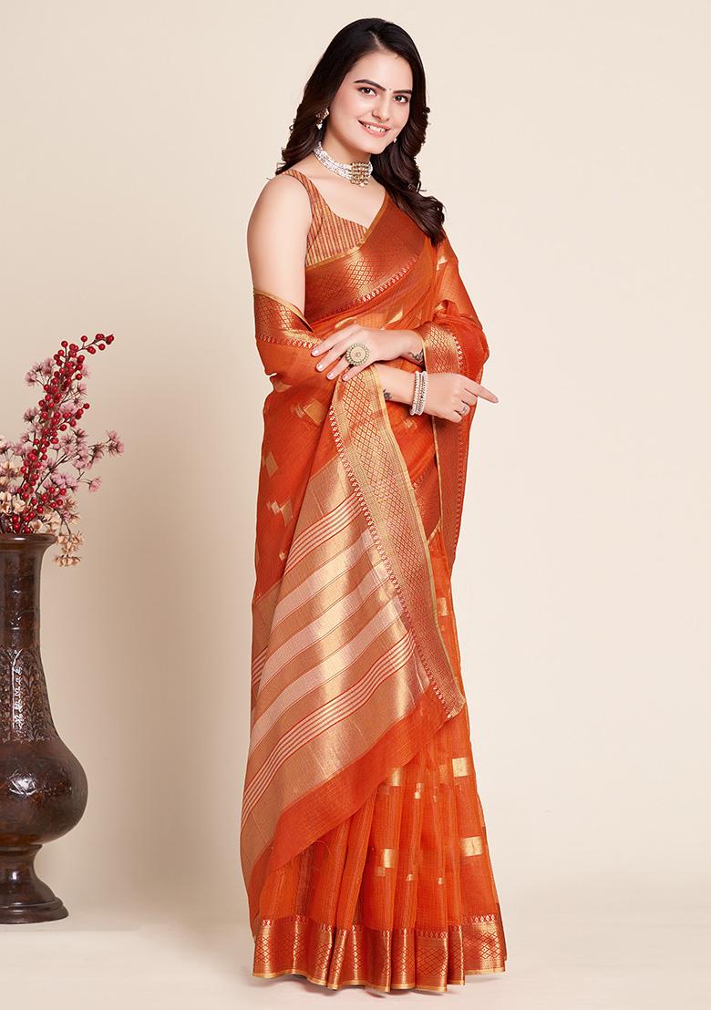 Orange Woven Kota Doriya Soft Silk Saree Set