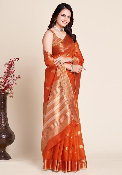 Orange Woven Kota Doriya Soft Silk Saree Set