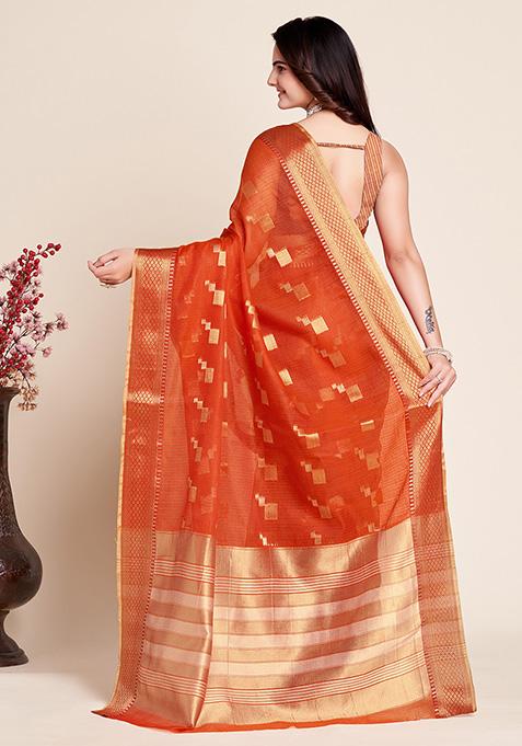 Orange Woven Kota Doriya Soft Silk Saree Set