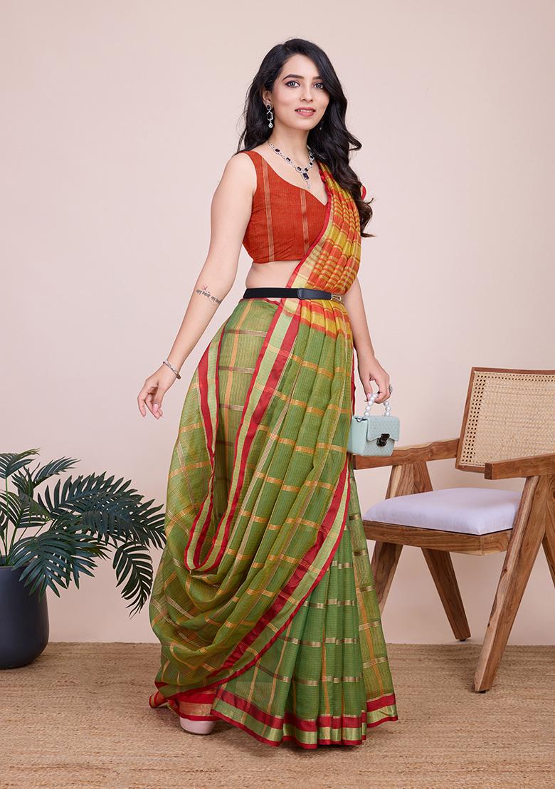 Off Green Woven Kota Doriya Soft Silk Saree Set