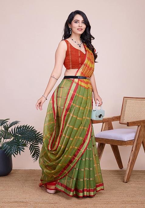 Off Green Woven Kota Doriya Soft Silk Saree Set