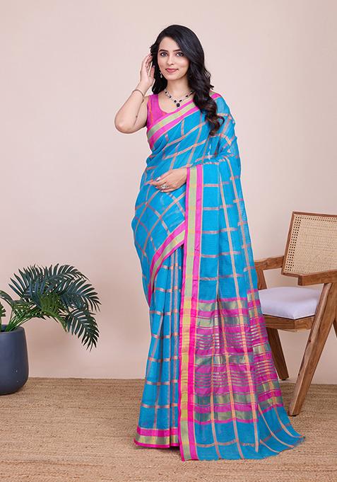 Blue Woven Kota Doriya Soft Silk Saree Set
