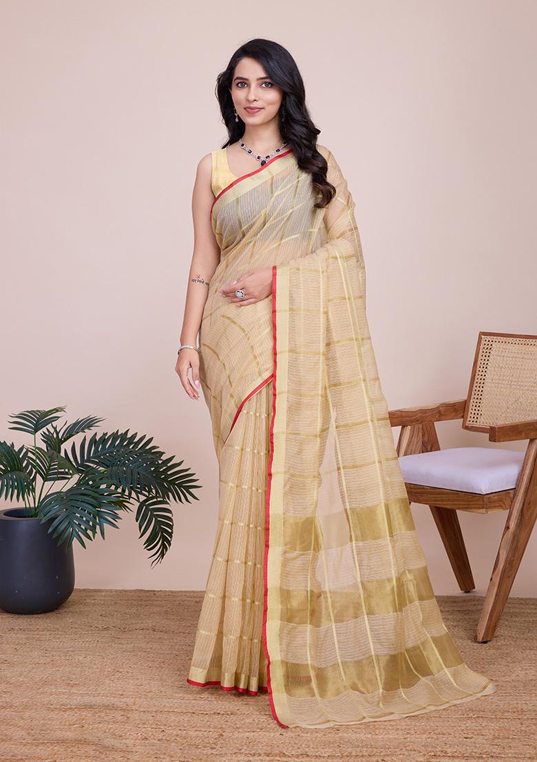 Off Yellow Woven Kota Doriya Soft Silk Saree Set