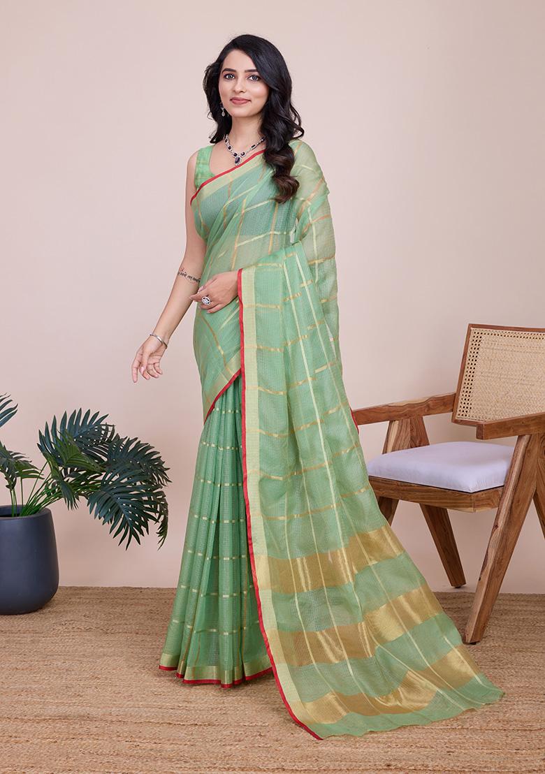 Off Green Woven Kota Doriya Soft Silk Saree Set