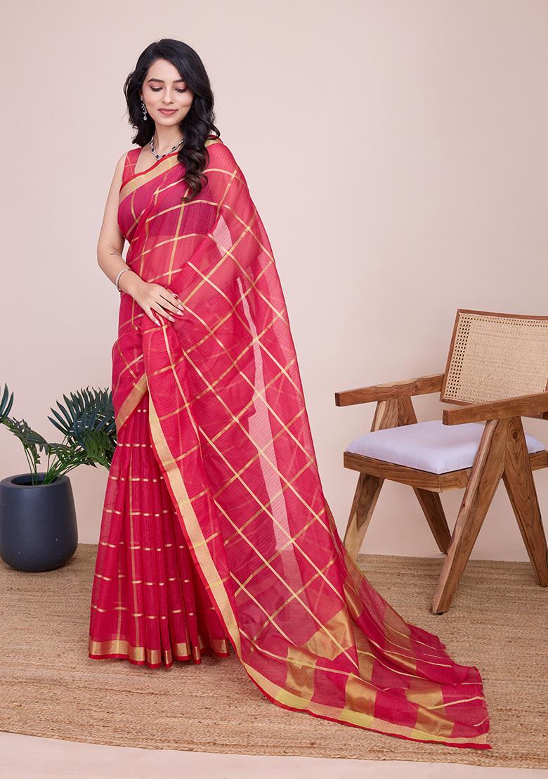 Off Red Woven Kota Doriya Soft Silk Saree Set