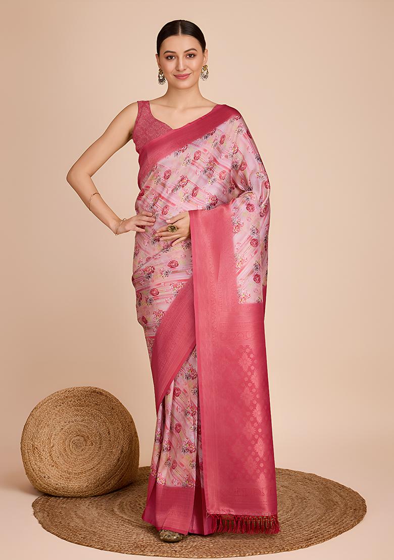 Off Pink Woven Kanjivaram Silk Saree Set