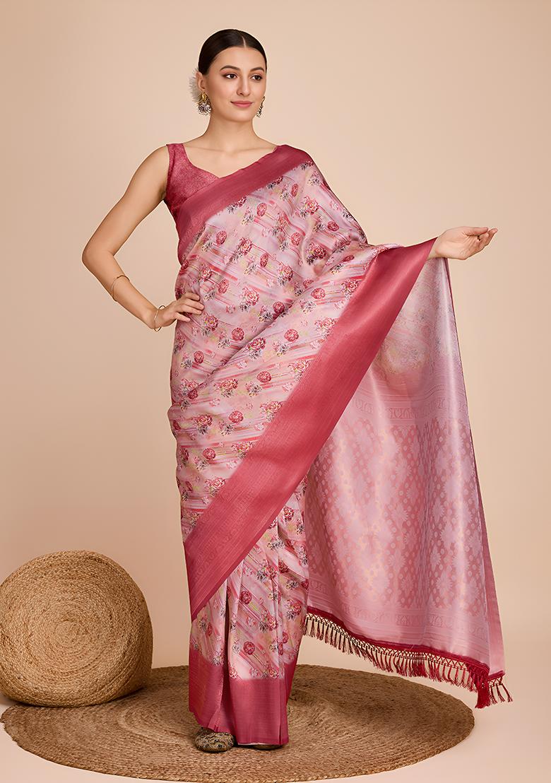Off Pink Woven Kanjivaram Silk Saree Set
