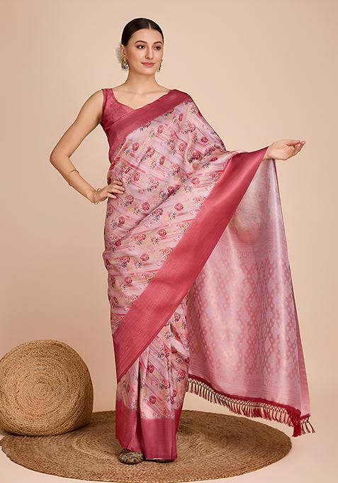 Off Pink Woven Kanjivaram Silk Saree Set