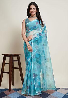Sky Blue Printed Supernet Saree Set