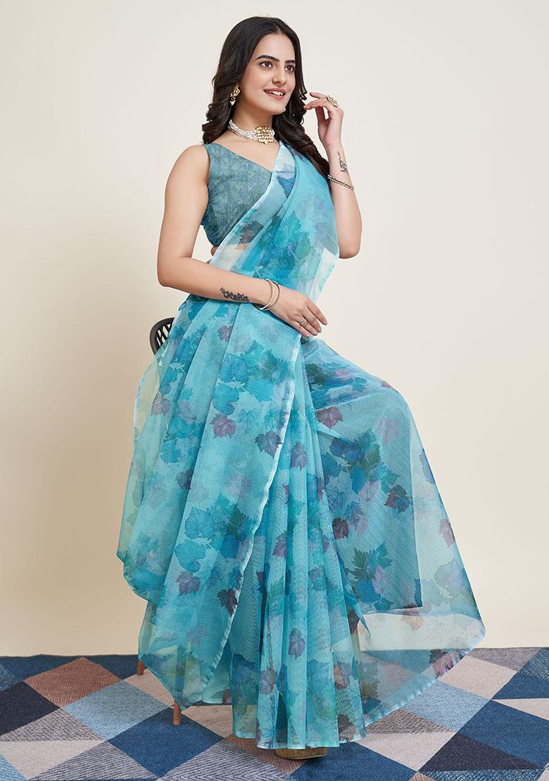 Sky Blue Printed Supernet Saree Set