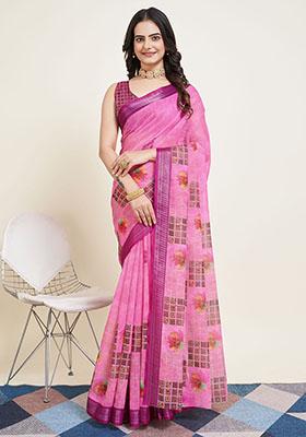 Pink Woven Cotton Saree Set