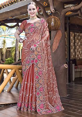 Dusty Peach Resham Embroidered Jimmy Choo Silk Saree Set