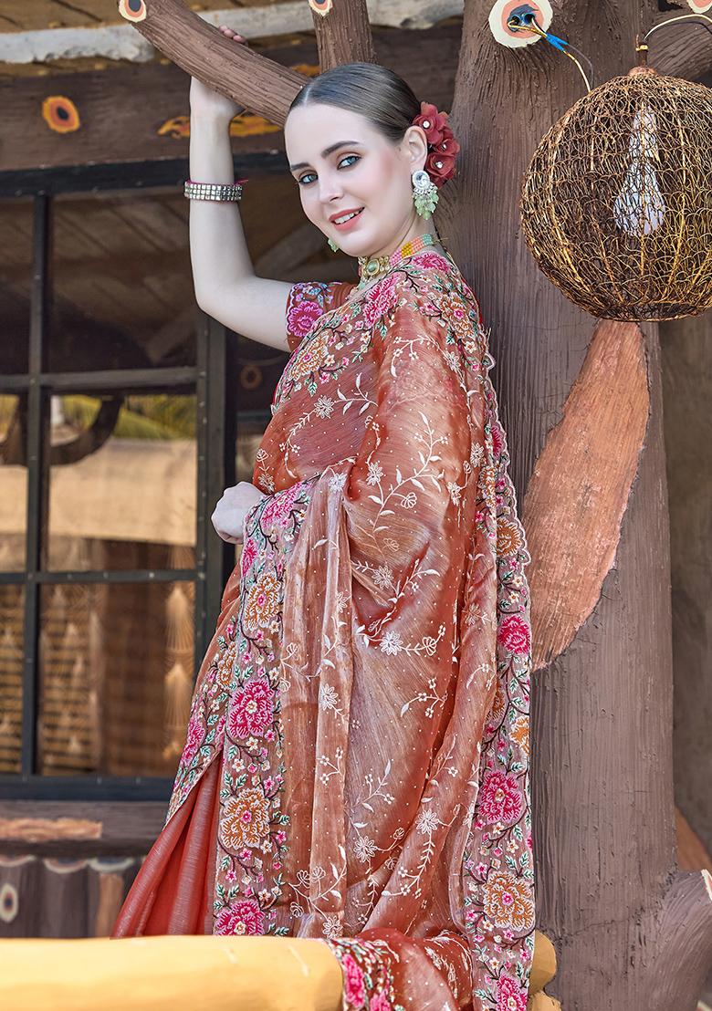 Dusty Peach Resham Embroidered Jimmy Choo Silk Saree Set - Indya