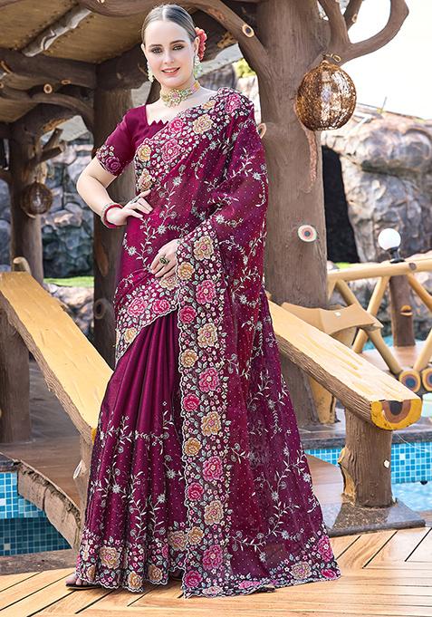 Wine Resham Embroidered Jimmy Choo Silk Saree Set