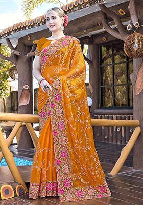 Mustard Resham Embroidered Jimmy Choo Silk Saree Set