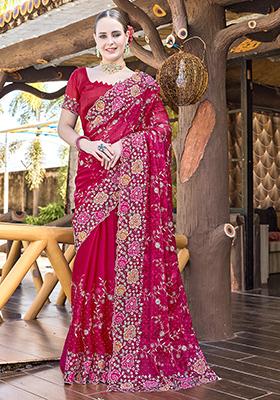 Cherry Red Resham Embroidered Jimmy Choo Silk Saree Set