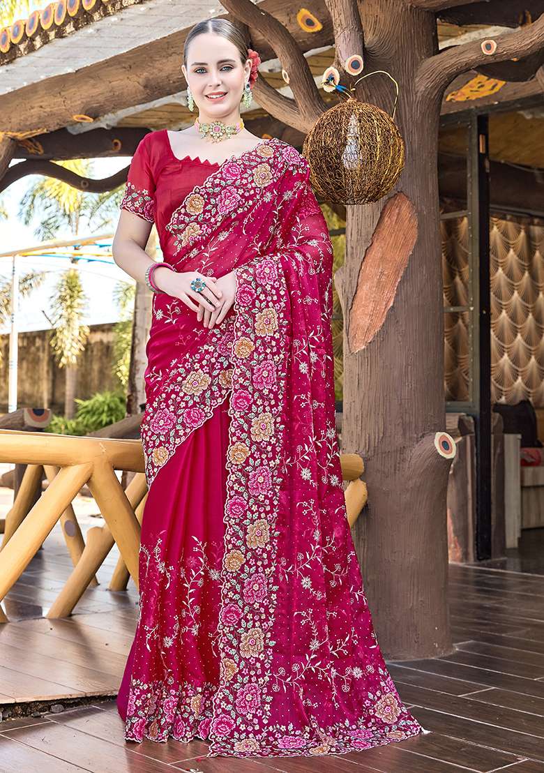 Cherry Red Resham Embroidered Jimmy Choo Silk Blend Saree Set for Diwali and Festive Wear - Indya