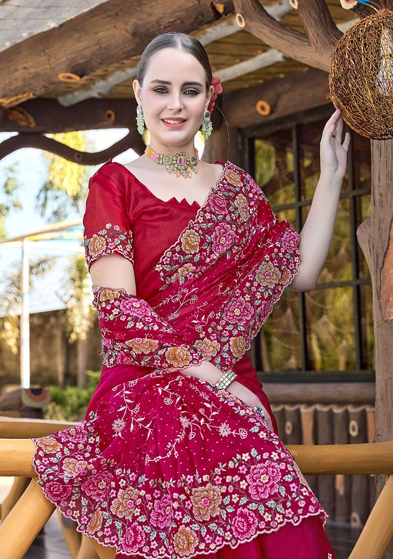 Cherry Red Resham Embroidered Jimmy Choo Silk Blend Saree Set for Diwali and Festive Wear - Indya