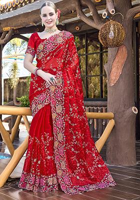 Red Resham Embroidered Jimmy Choo Silk Saree Set