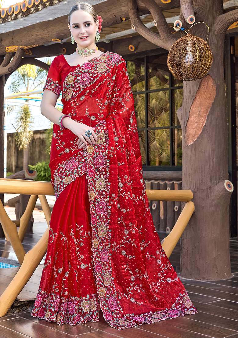 Red Resham Jimmy Choo Silk Blend Saree Set with Embroidered for Diwali | Wedding & Festive Wear - Indya