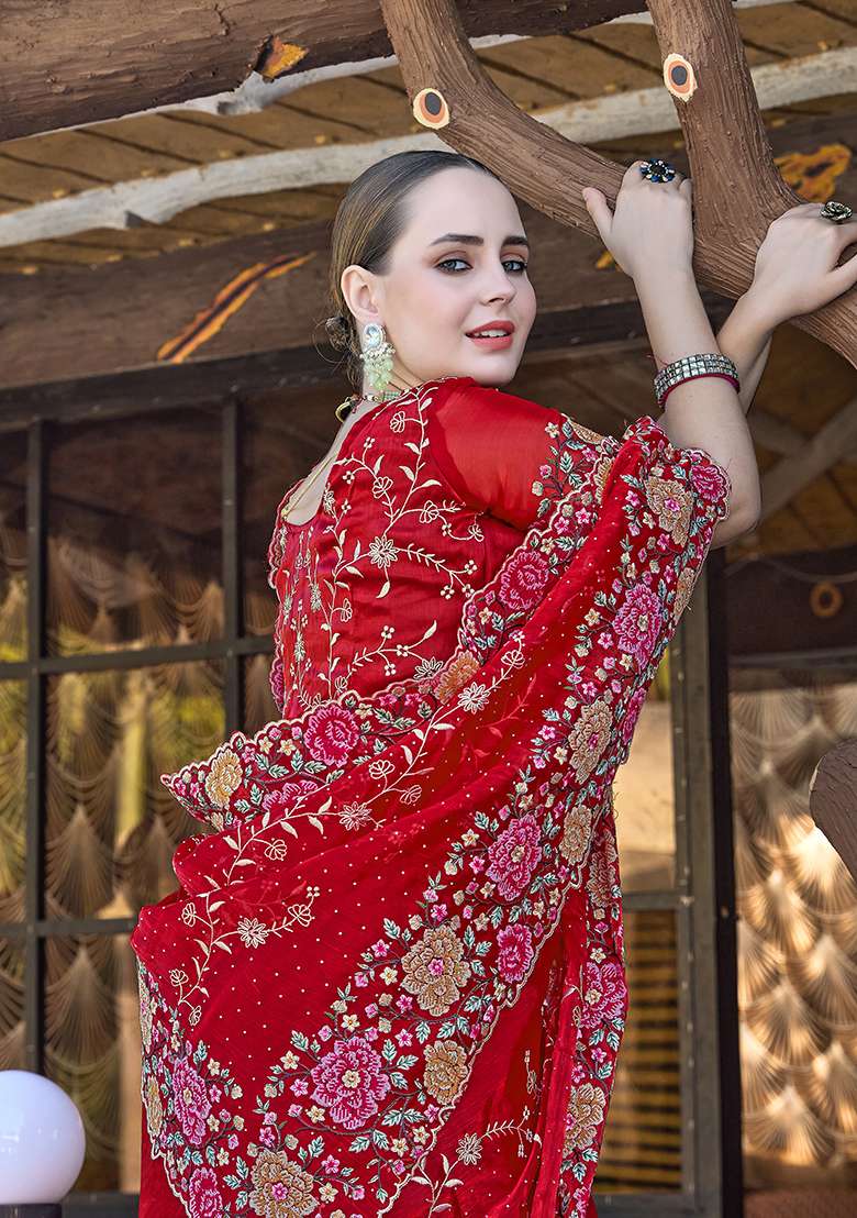 Red Resham Jimmy Choo Silk Blend Saree Set with Embroidered for Diwali | Wedding & Festive Wear - Indya