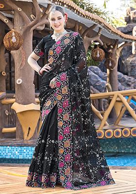 Black Resham Embroidered Jimmy Choo Silk Saree Set