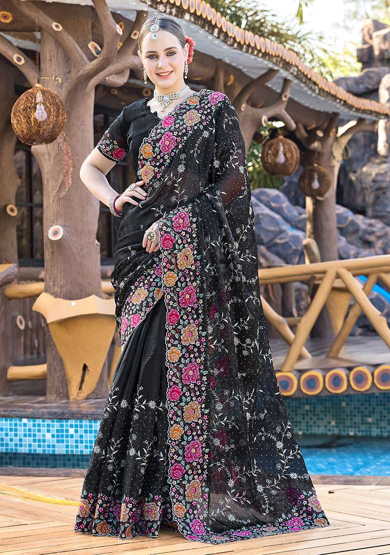 Black Resham Jimmy Choo Silk Blend Saree Set with Embroidered for Diwali | Wedding & Festive Wear - Indya