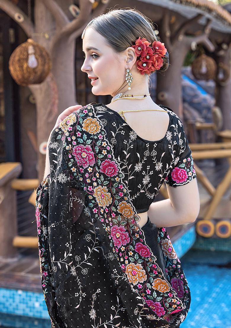 Black Resham Embroidered Jimmy Choo Silk Saree Set - Indya