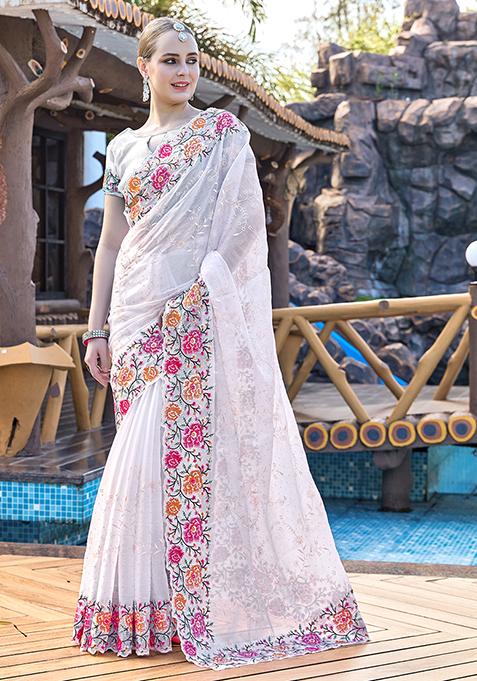 White Resham Embroidered Jimmy Choo Silk Saree Set