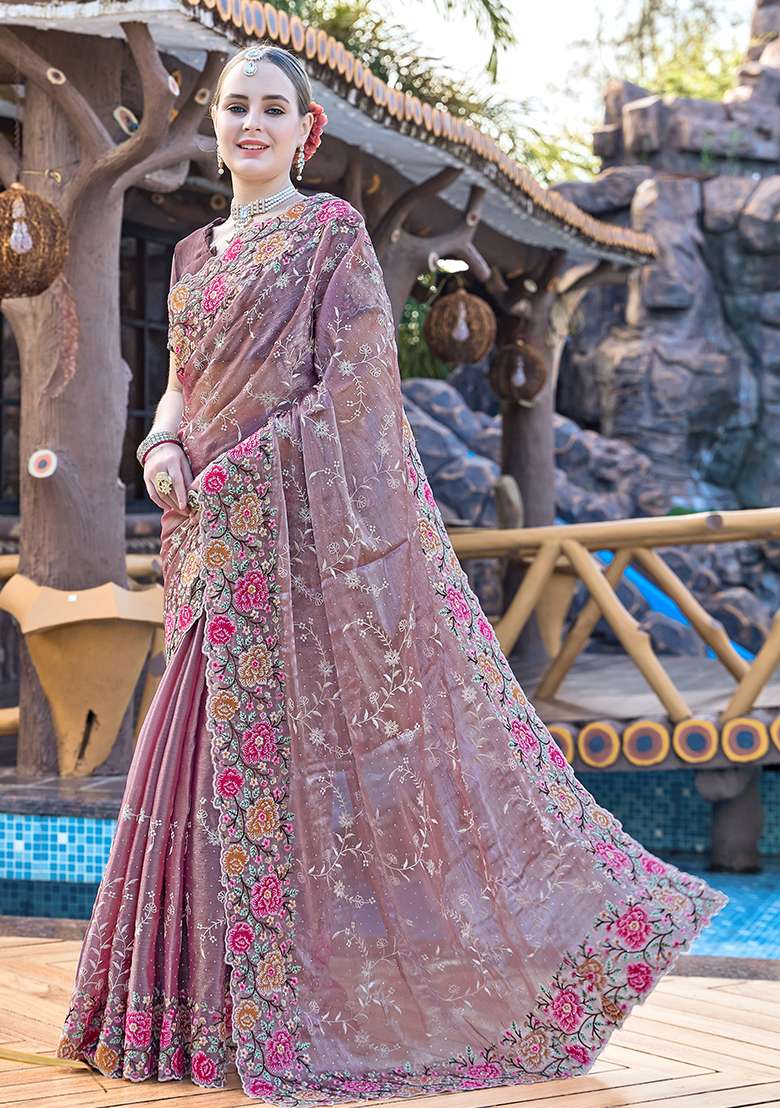 Dusty Lavender Resham Embroidered Jimmy Choo Silk Blend Saree Set for Diwali and Festive Wear - Indya