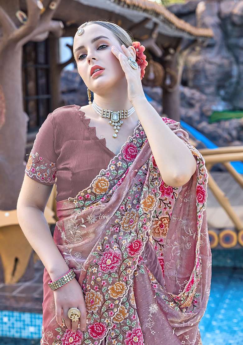 Dusty Lavender Resham Embroidered Jimmy Choo Silk Blend Saree Set for Diwali and Festive Wear - Indya