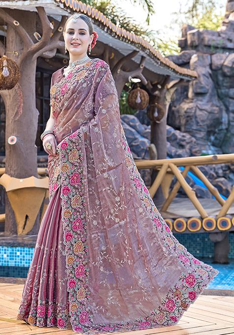 Dusty Lavender Resham Embroidered Jimmy Choo Silk Saree Set